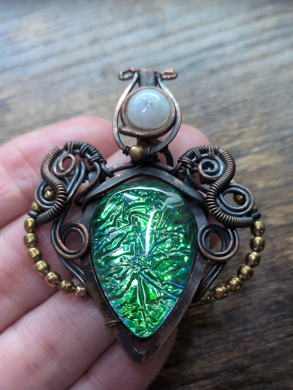 Handcrafted Green Dichroic Glass and Copper Pendant with Moonstone Accent